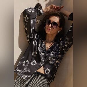 Black satin floral blouse NWT